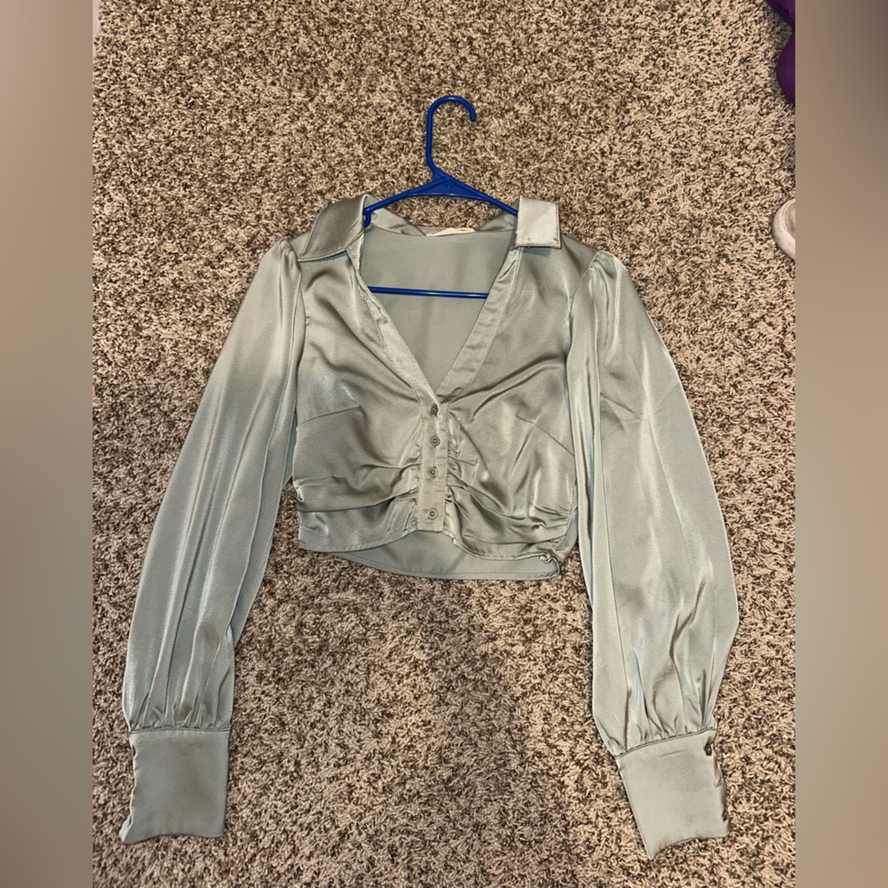 Altar'd State Silver Crop Blouse with Notched Collar and Long Sleeves